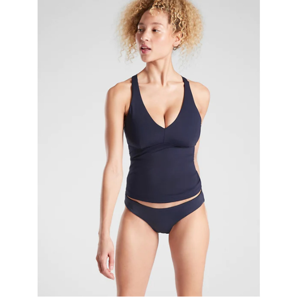 Athleta S ABC navy blue Plunge Tankini top swim bathing suit bra lowcut beach